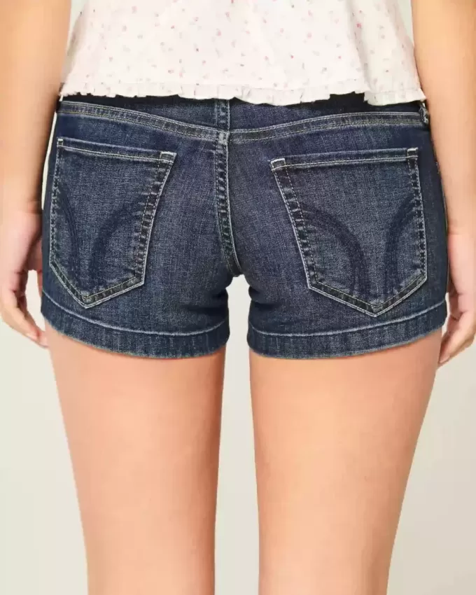 Low-Rise Dark Wash Embroidered Denim Shortie Shorts