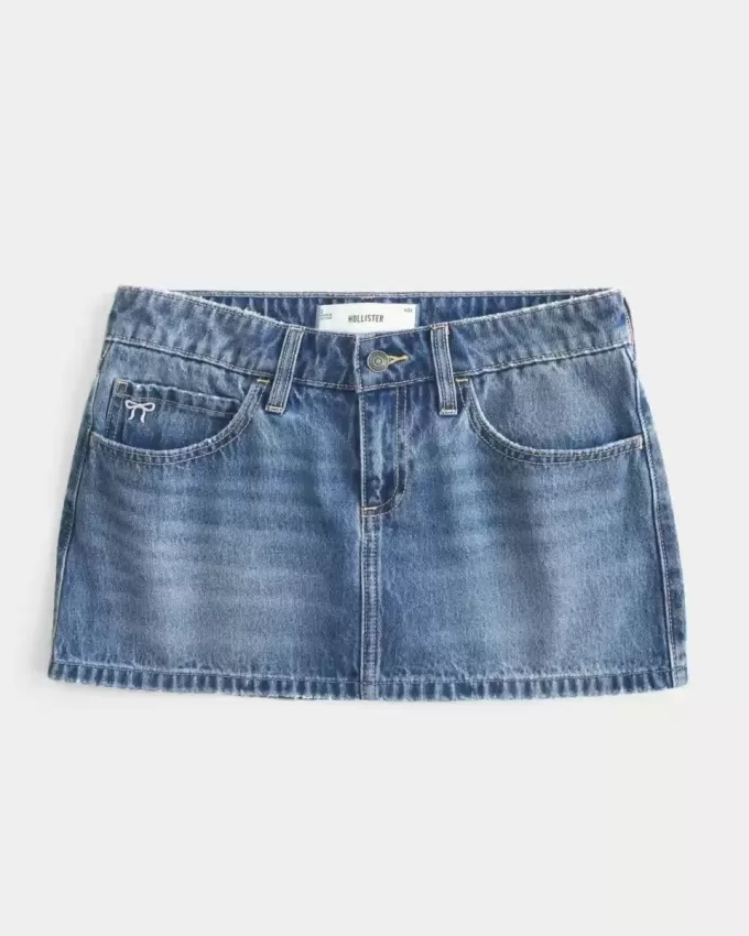 Low-Rise Embroidered Bow Denim Mini Skort