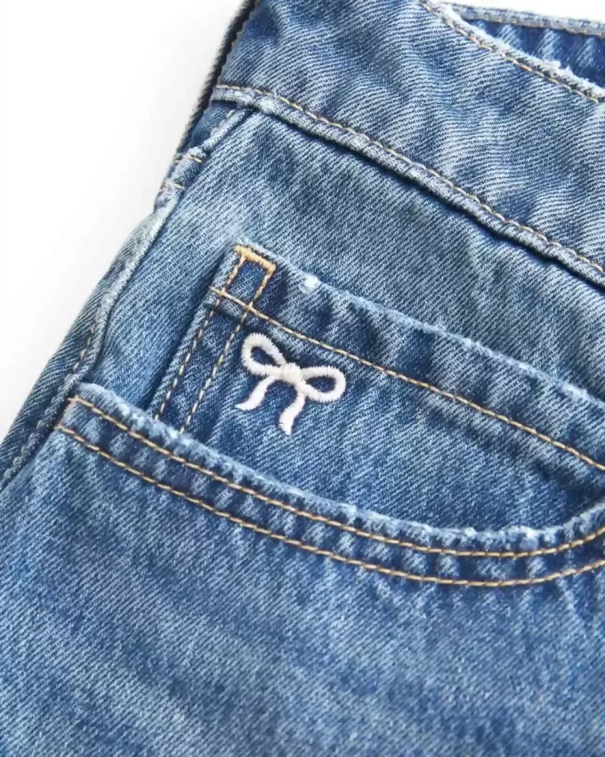 Low-Rise Embroidered Bow Denim Mini Skort