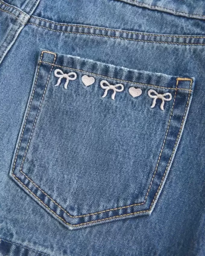 Low-Rise Embroidered Bow Denim Mini Skort