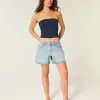 Low-Rise Light Wash Foldover Waist Baggy Denim Shorts 5″