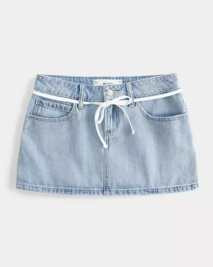 Low-Rise Light Wash Shoelace Denim Mini Skort