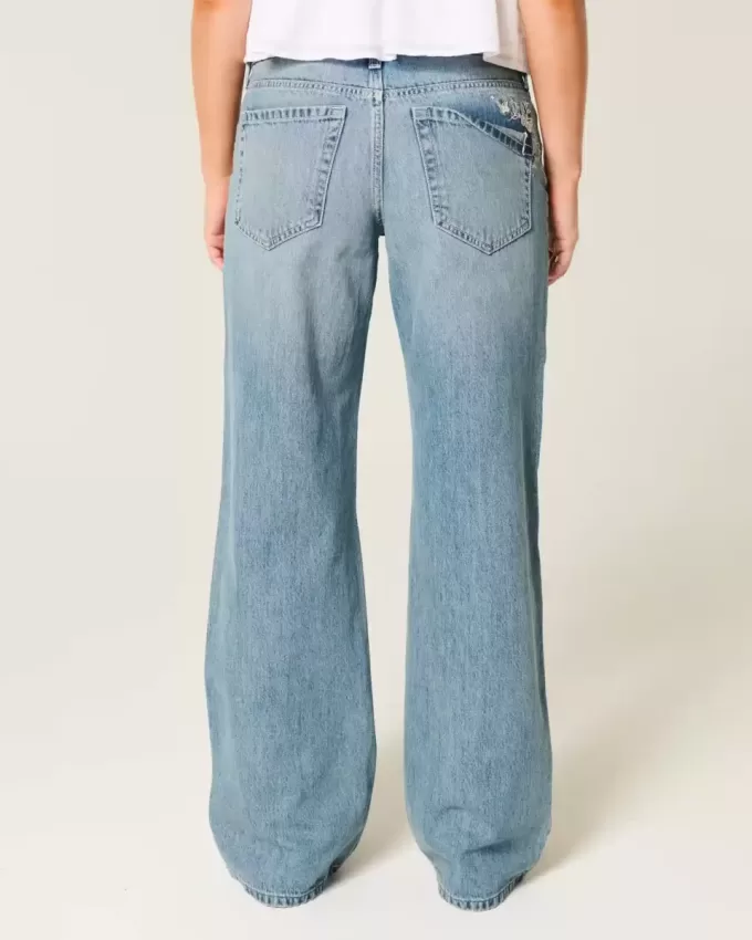 Low-Rise Medium Wash Butterfly Graphic Baggy Jeans