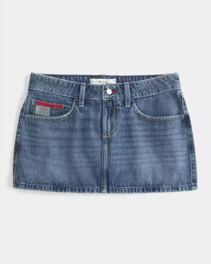 Low-Rise Medium Wash Flag Embroidered Denim Mini Skort