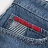 Low-Rise Medium Wash Flag Embroidered Denim Mini Skort