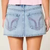 Low-Rise Pink Embroidered Light Wash Denim Mini Skort