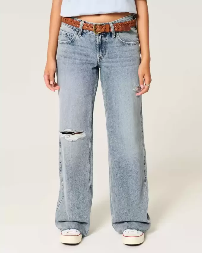 Low-Rise Ripped Light Wash Baggy Jeans