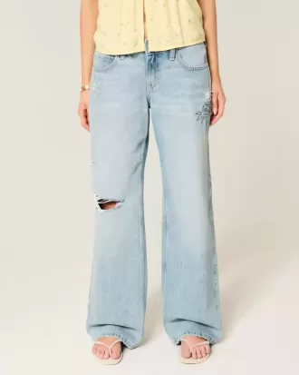 Low-Rise Ripped Light Wash Graphic Baggy Jeans