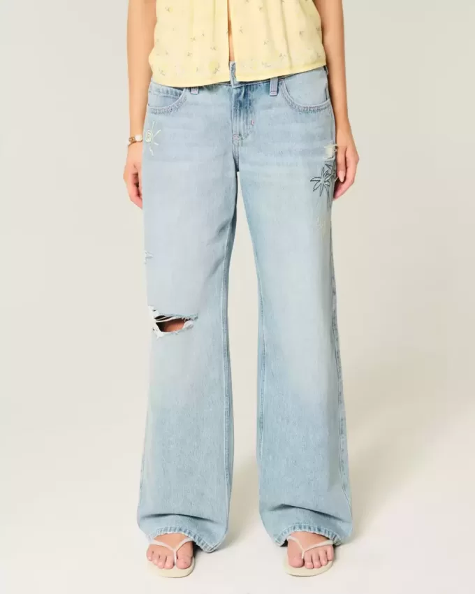 Low-Rise Ripped Light Wash Graphic Baggy Jeans