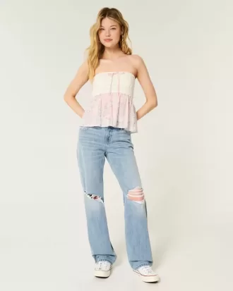 Low-Rise Ripped Light Wash Loose Jeans