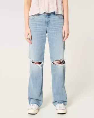 Low-Rise Ripped Light Wash Loose Jeans