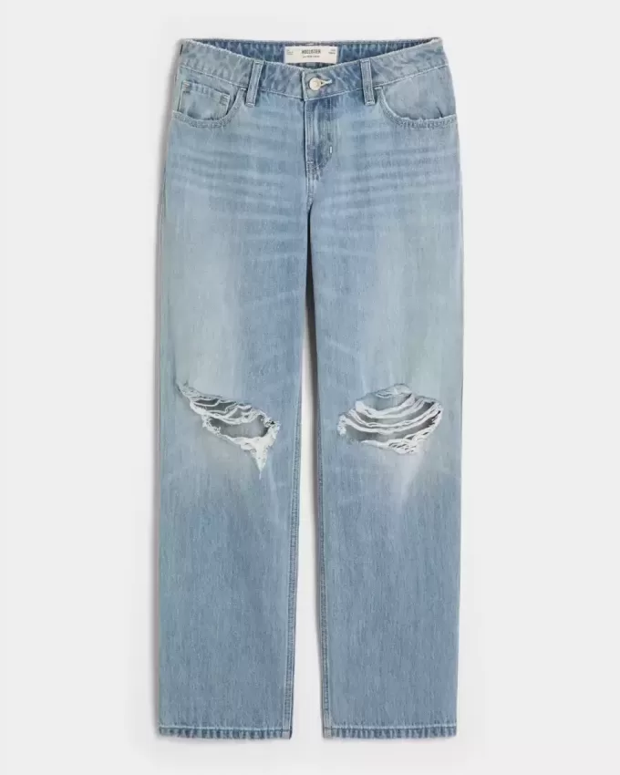 Low-Rise Ripped Light Wash Loose Jeans