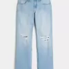 Low-Rise Ripped Light Wash Relaxed Straight Jeans