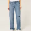 Low-Rise Ripped Medium Wash Loose Jeans