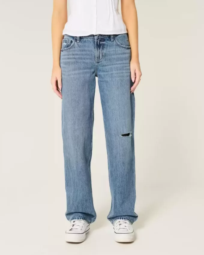 Low-Rise Ripped Medium Wash Loose Jeans