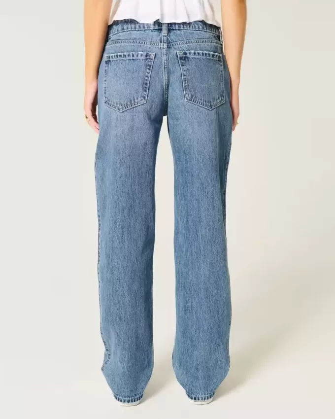 Low-Rise Ripped Medium Wash Loose Jeans