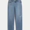Low-Rise Ripped Medium Wash Loose Jeans