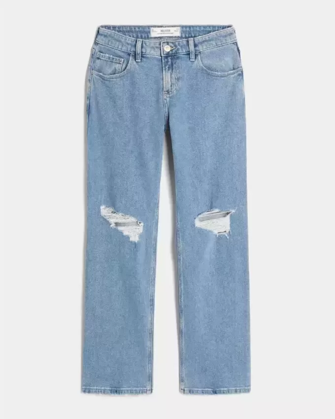 Low-Rise Ripped Medium Wash Relaxed Straight Jeans