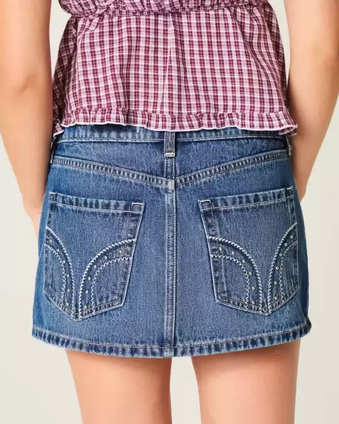 Low-Rise Studded Denim Mini Skort