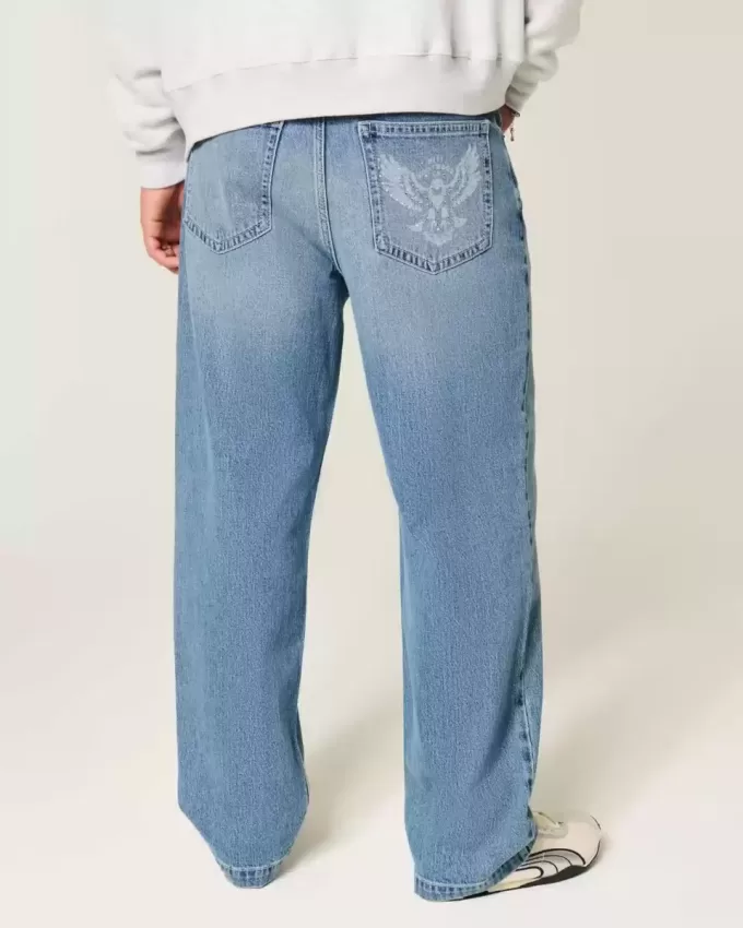 Medium Wash Eagle Graphic Baggy Jeans