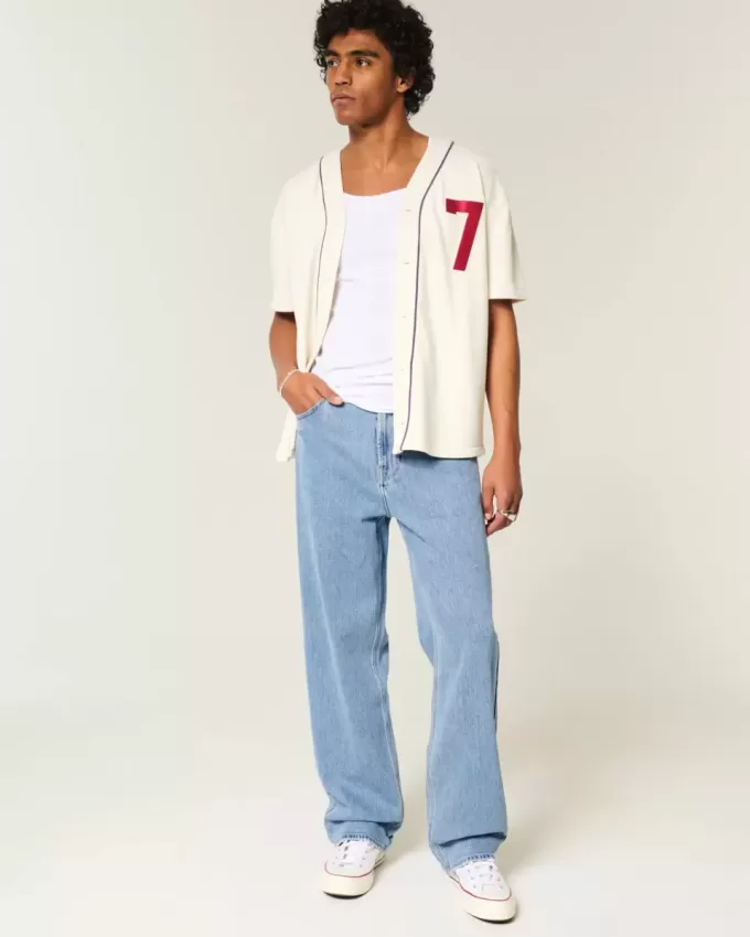 Medium Wash Embroidered Baggy Jeans