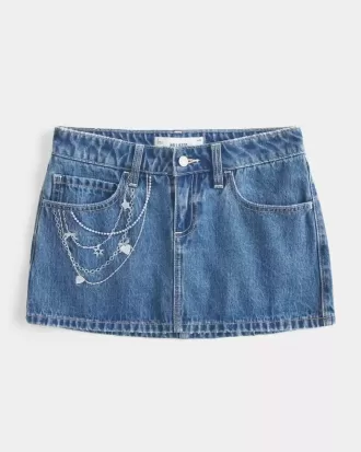 Medium Wash Embroidered Chain Denim Mini Skort