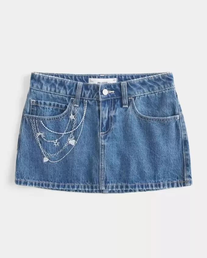 Medium Wash Embroidered Chain Denim Mini Skort