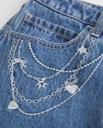 Medium Wash Embroidered Chain Denim Mini Skort