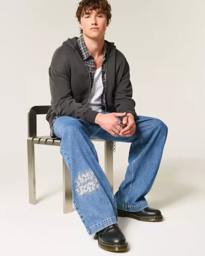 Medium Wash NYC Graphic Super Baggy Jeans