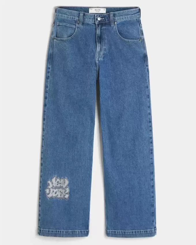Medium Wash NYC Graphic Super Baggy Jeans