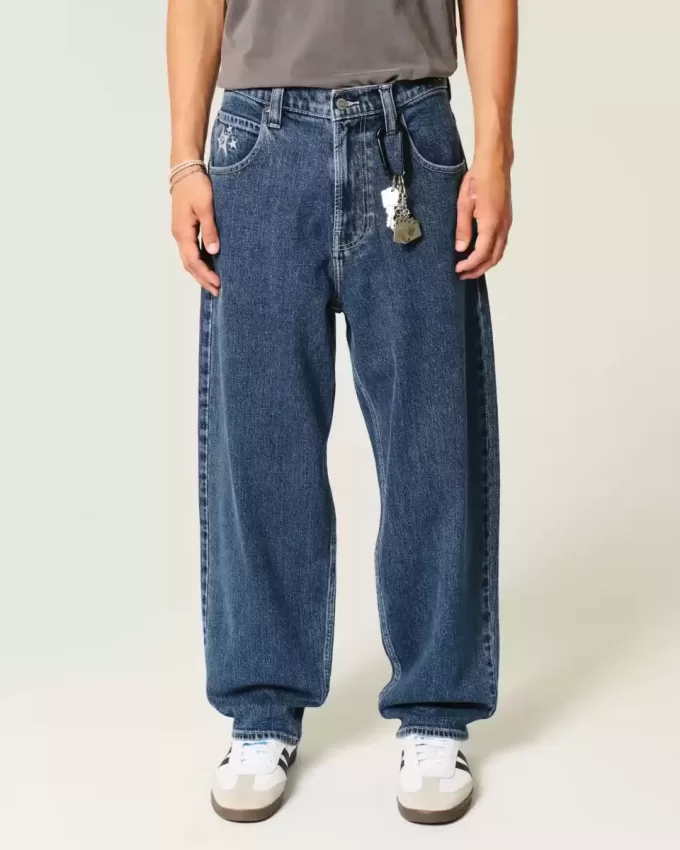 Medium Wash Star Graphic Skater Baggy Jeans
