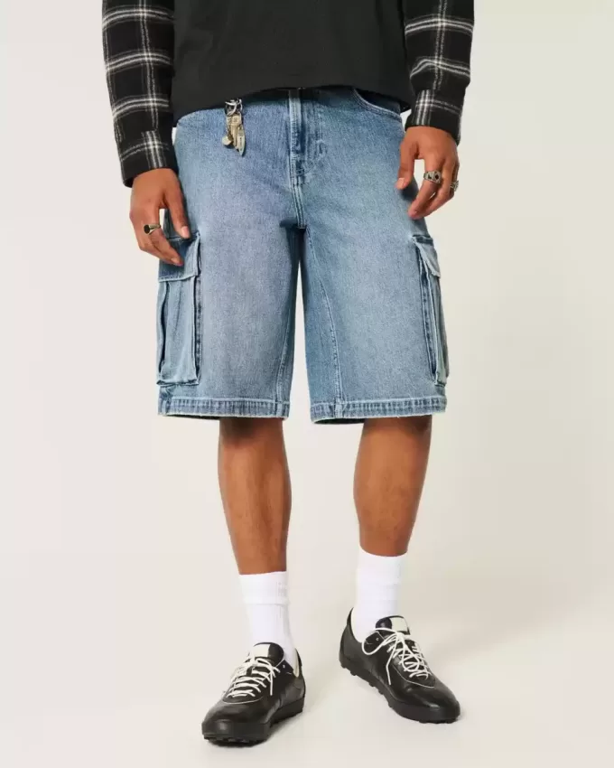 Medium Wash Super Baggy Denim Cargo Shorts