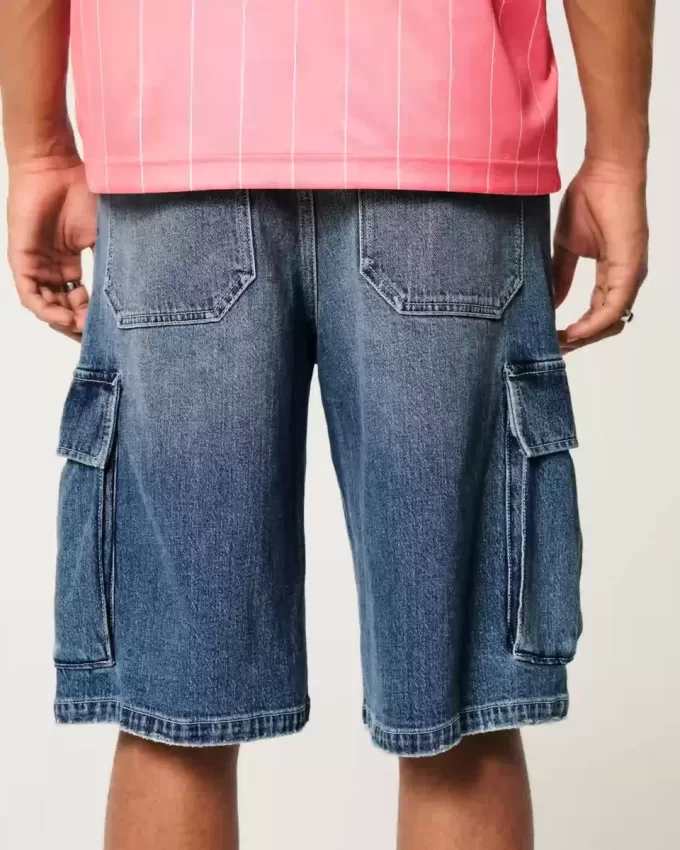 Medium Wash Super Baggy Denim Cargo Shorts