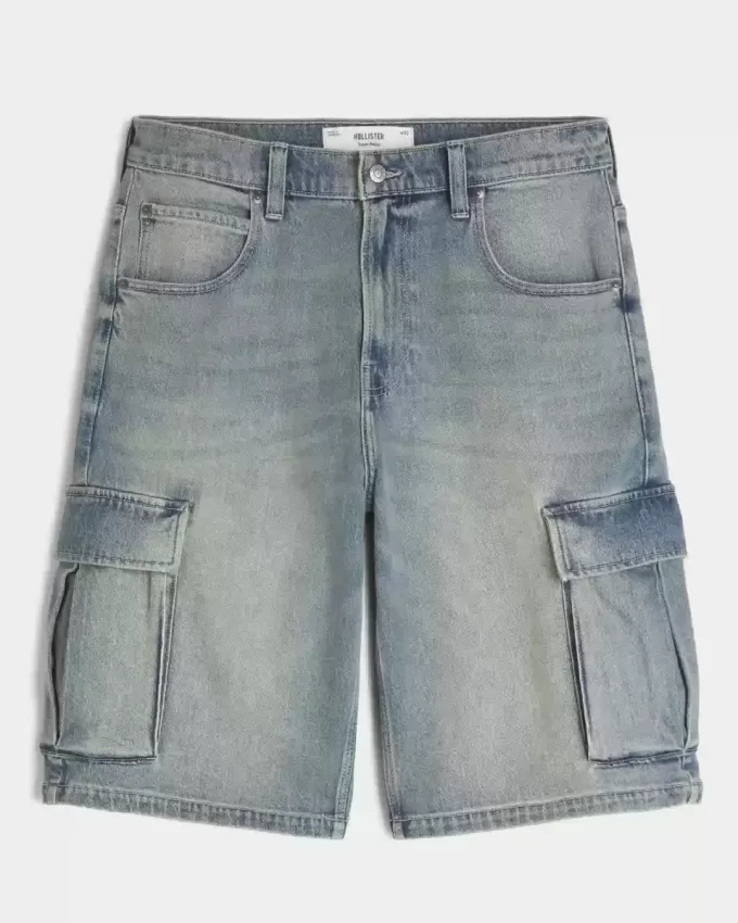 Medium Wash Super Baggy Denim Cargo Shorts