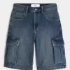 Medium Wash Super Baggy Denim Cargo Shorts