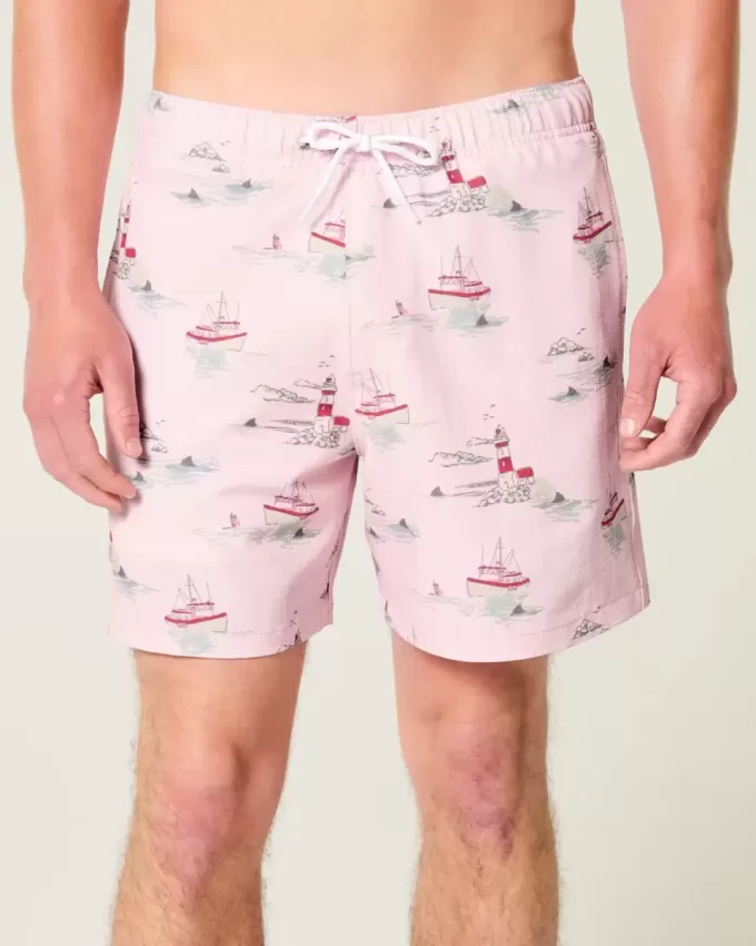 Mid-Thigh Seersucker Volley Swim Trunks