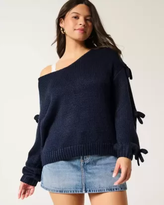 Off-the-Shoulder Bow Applique Sweater