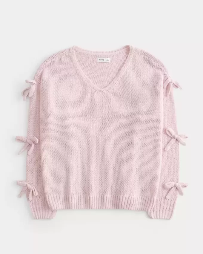 Off-the-Shoulder Bow Applique Sweater