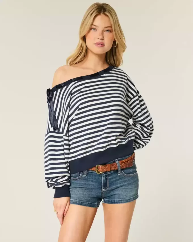 Off-the-Shoulder Tie Sweatshirt