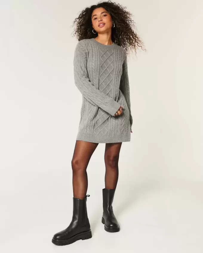 Oversized Cable-Knit Crew Sweater Dress