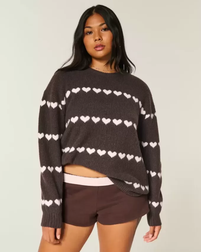 Oversized Heart Pattern Crew Sweater