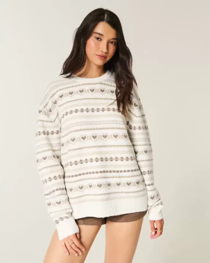 Oversized Heart Pattern Crew Sweater