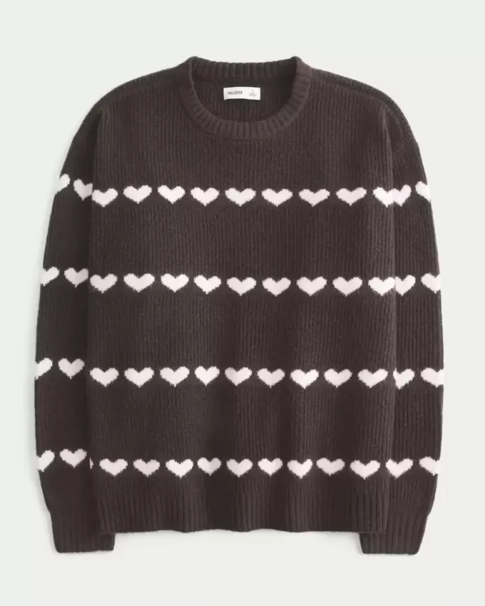 Oversized Heart Pattern Crew Sweater