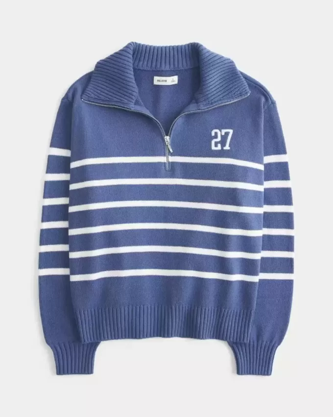 Oversized Number Graphic Half-Zip Sweater