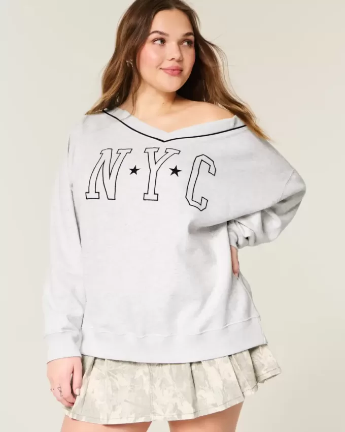 Oversized NYC Graphic V-Neck Sweatshirt