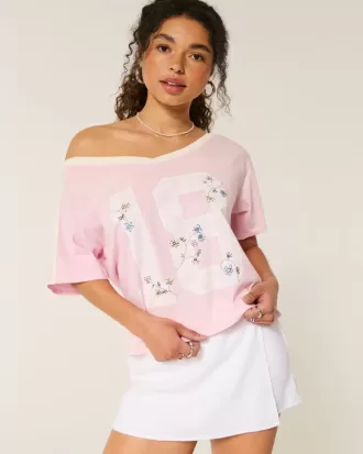 Oversized Off-the-Shoulder Varsity Floral Graphic Tee