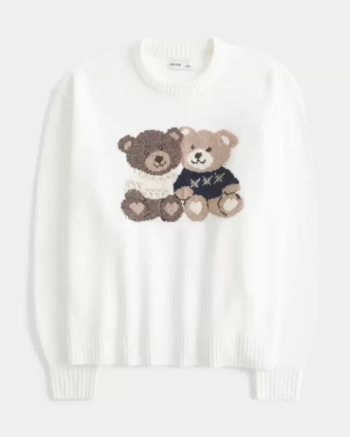 Oversized Teddy Bear Graphic Crew Sweater