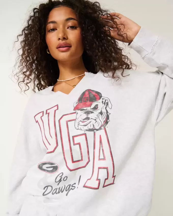 Oversized UGA Dawgs Graphic Notch-Neck Sweatshirt