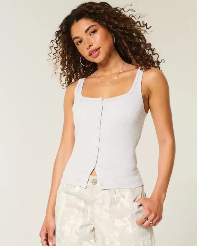 Ribbed Button-Through Square-Neck Tank
