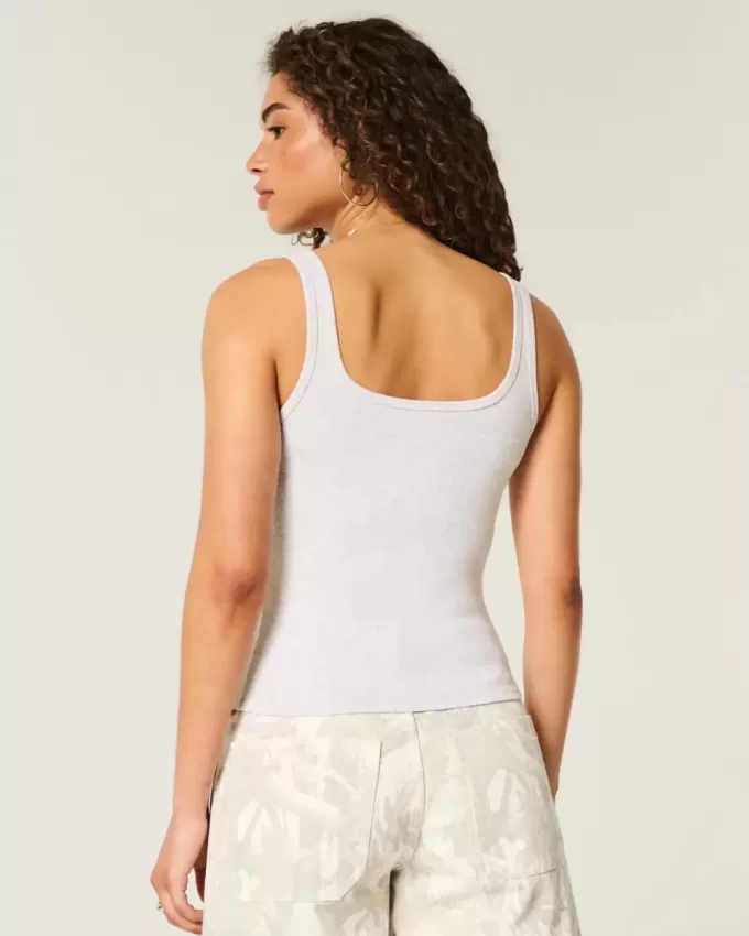 Ribbed Button-Through Square-Neck Tank
